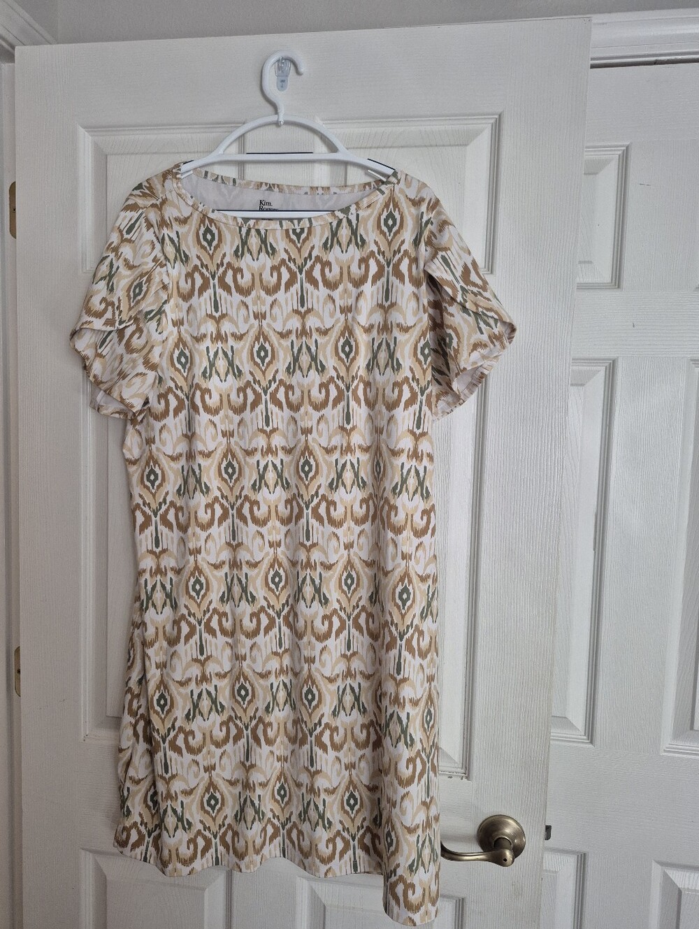 Casual Ikat Print Shift Dress in Beige and Olive - Kim Rogers